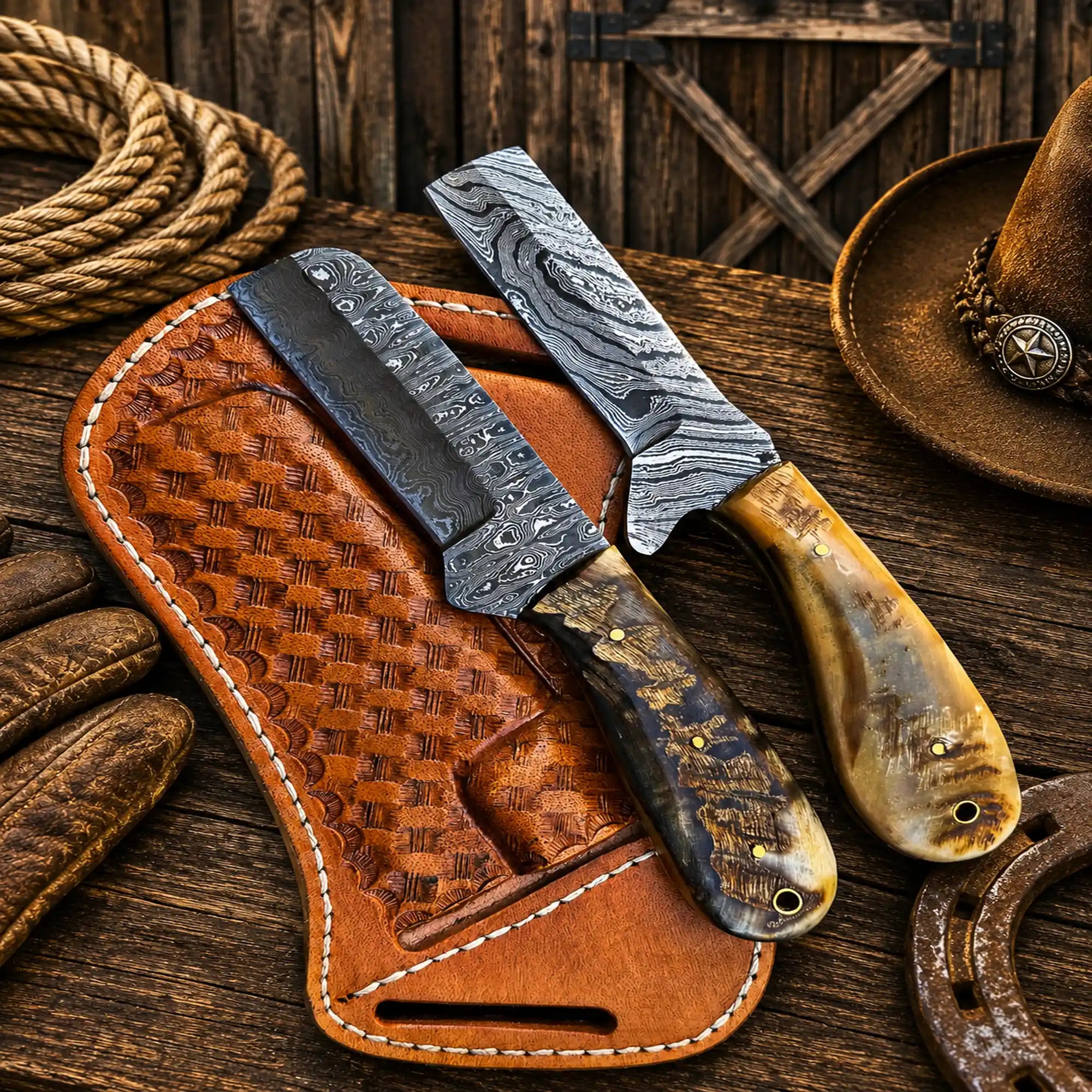 Handmade Western Cattleman Bull Cutter knife set with Damascus steel blades and sheep horn handles