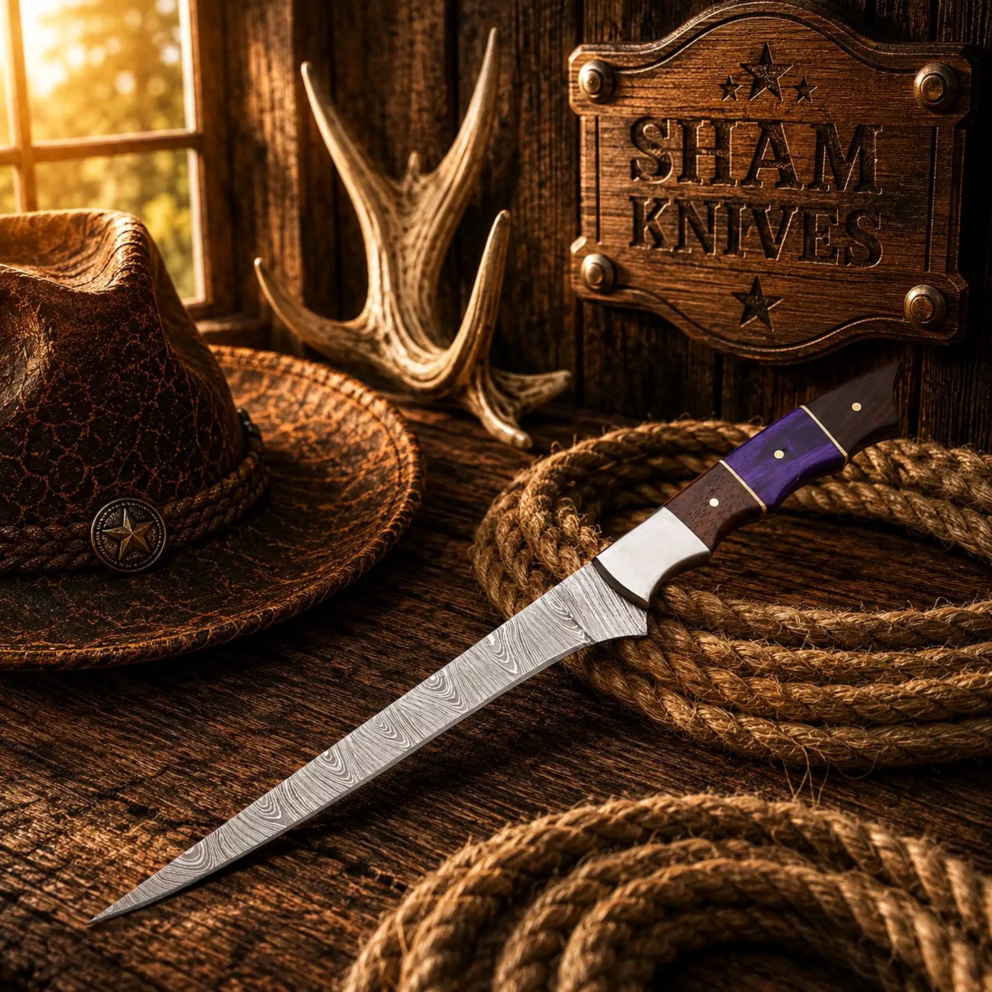 Handmade Damascus steel fillet fishing knife with exotic wood handle