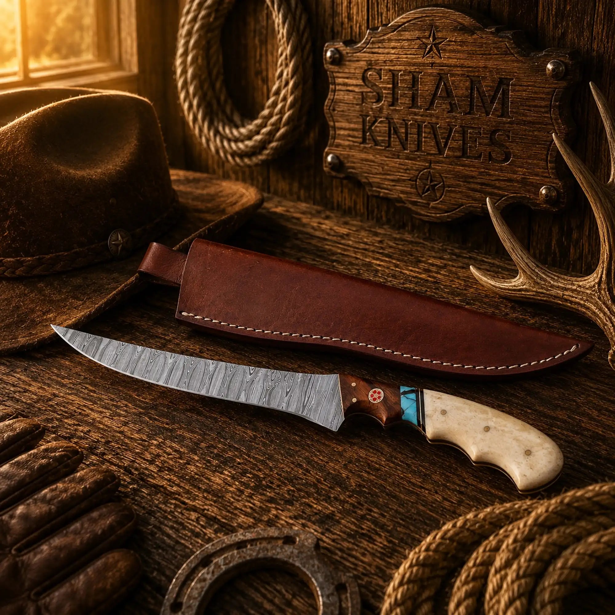 Handmade Damascus steel fillet knife with bone and turquoise handle