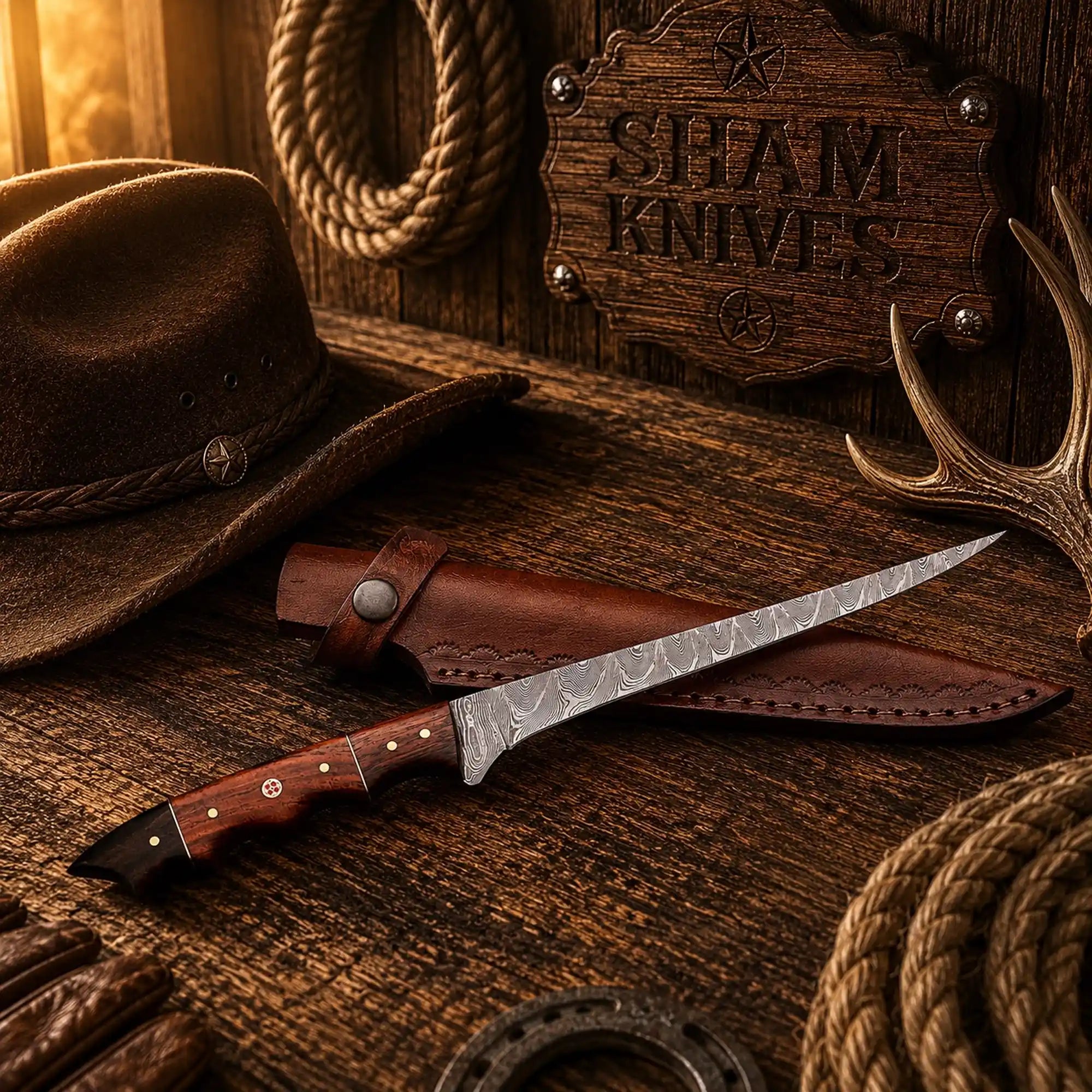 Handmade Damascus steel fillet knife with rosewood and buffalo horn handle