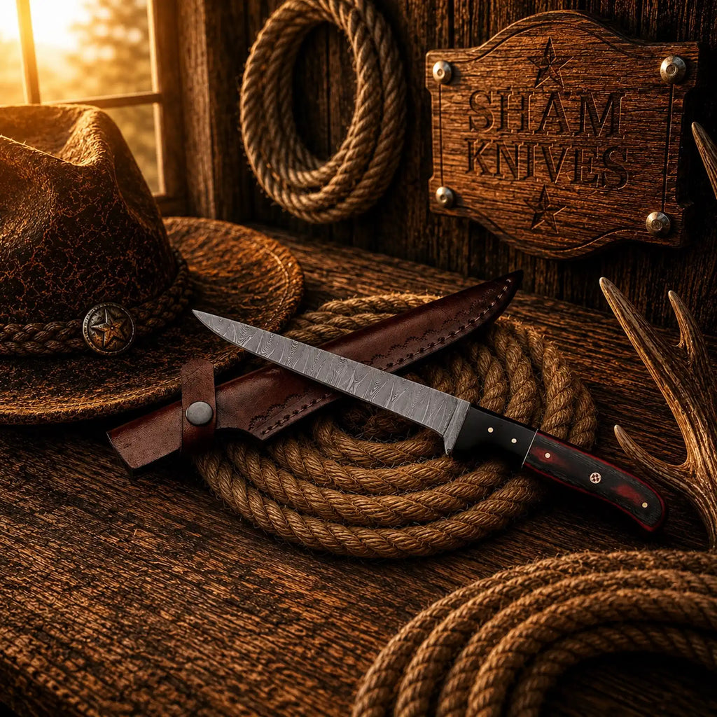 Handmade Damascus steel fillet knife with Pakka wood handle and leather sheath