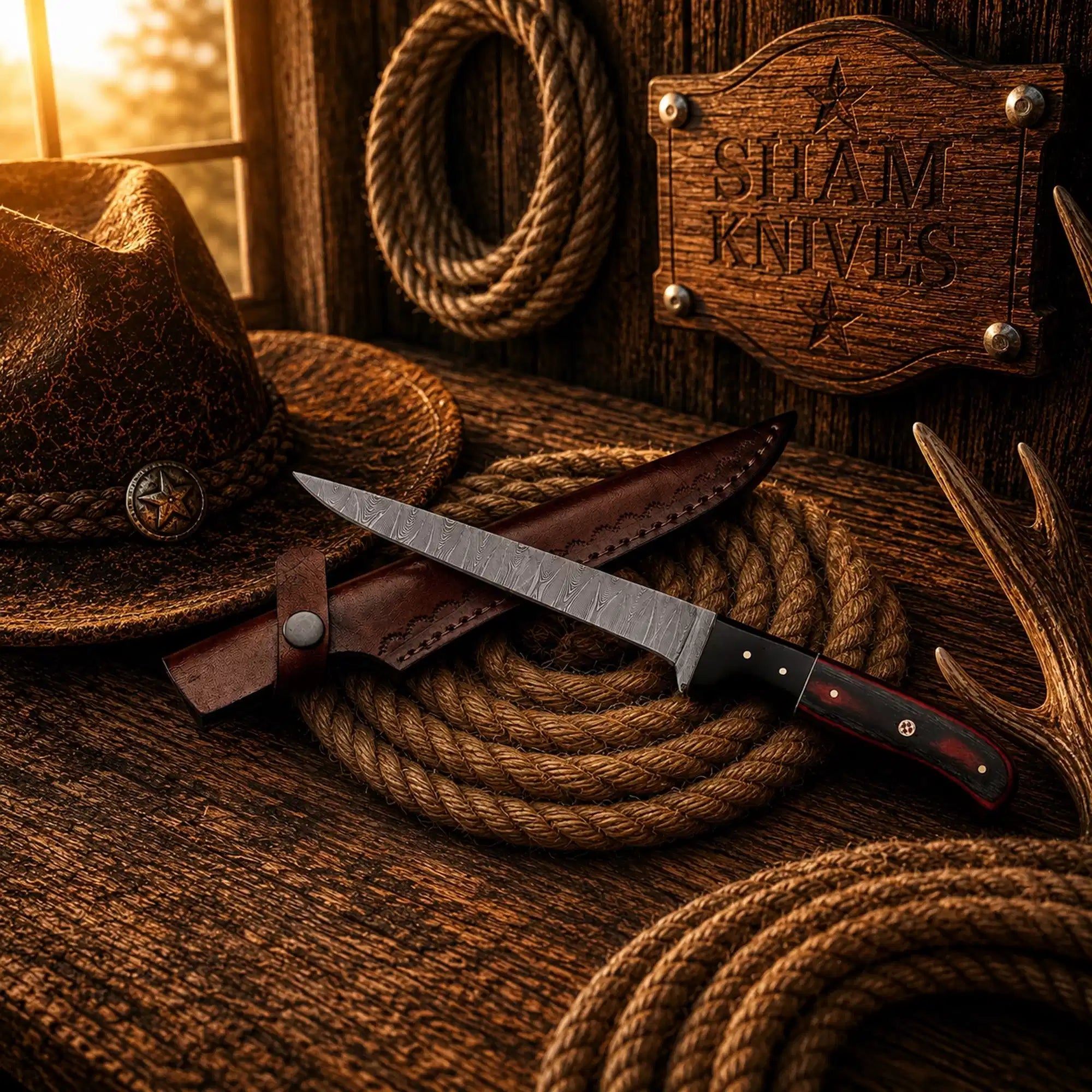 Handmade Damascus steel fillet knife with Pakka wood handle and leather sheath