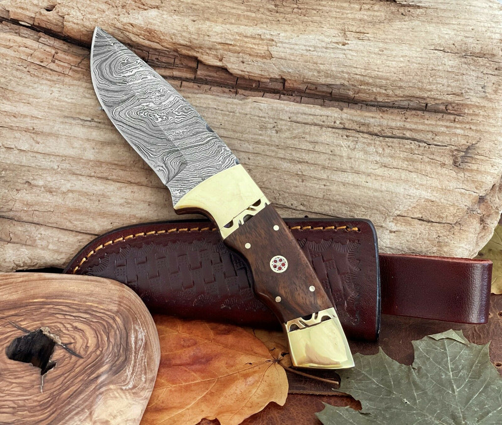 Handmade Damascus Steel Knife 9" Custom Fixed Blade Knife With Rose Wood Handle - SHAM KNIVES Hunting KnifesSham knivesHandmade Damascus Steel Knife 9" Custom Fixed Blade Knife With Rose Wood Handle