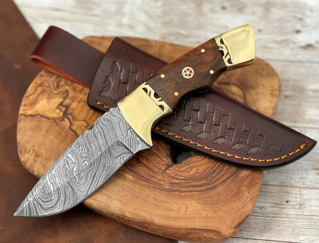 Handmade Damascus Steel Knife 9" Custom Fixed Blade Knife With Rose Wood Handle - SHAM KNIVES Hunting KnifesSham knivesHandmade Damascus Steel Knife 9" Custom Fixed Blade Knife With Rose Wood Handle