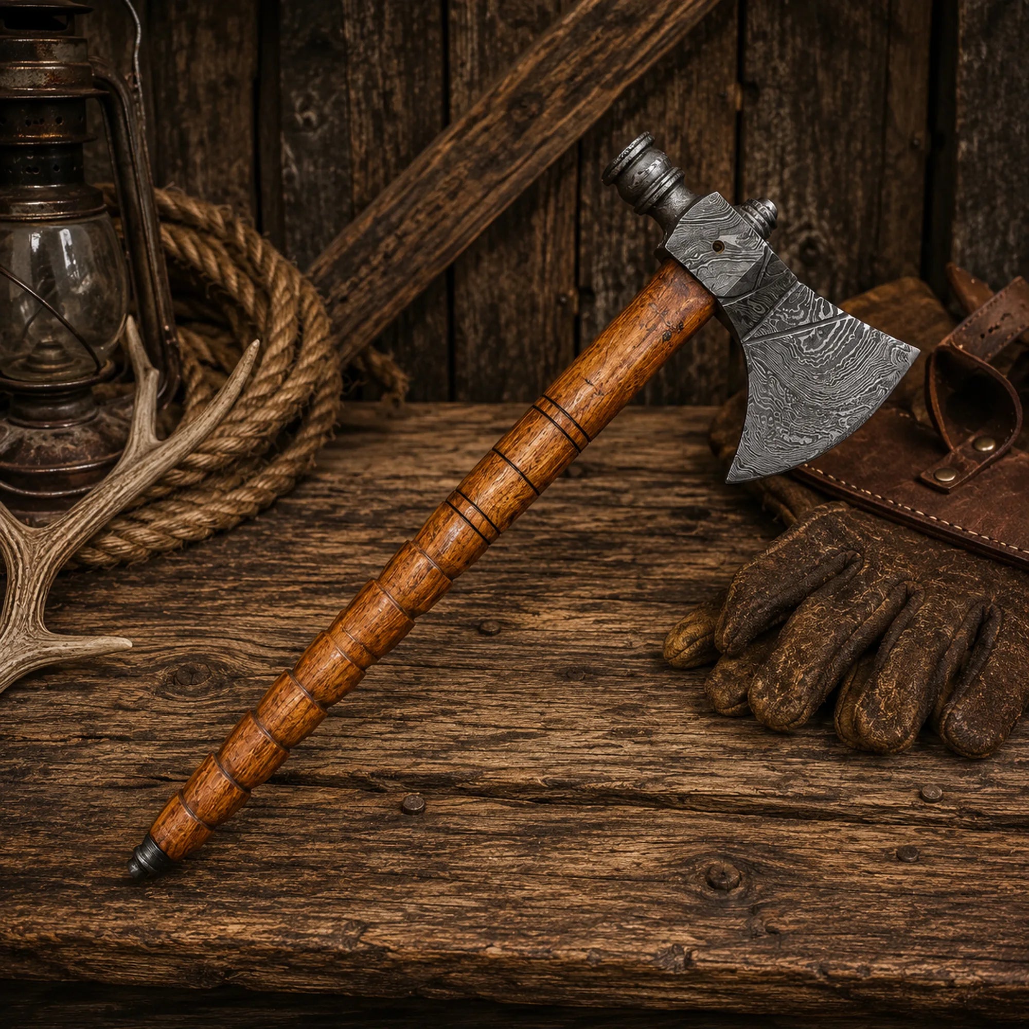 Handmade Damascus steel pipe tomahawk with wooden handle and genuine leather sheath.