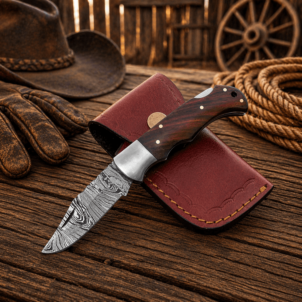 Handmade Damascus Steel Pocket Knife – Rosewood Handle Folding Knife with Leather Sheath | EDC Hunting Camping Gift for Men - SHAM KNIVES Pocket KnifeSHAM KNIVESHandmade Damascus Steel Pocket Knife – Rosewood Handle Folding Knife with Leather Sheath | EDC Hunting Camping Gift for Men