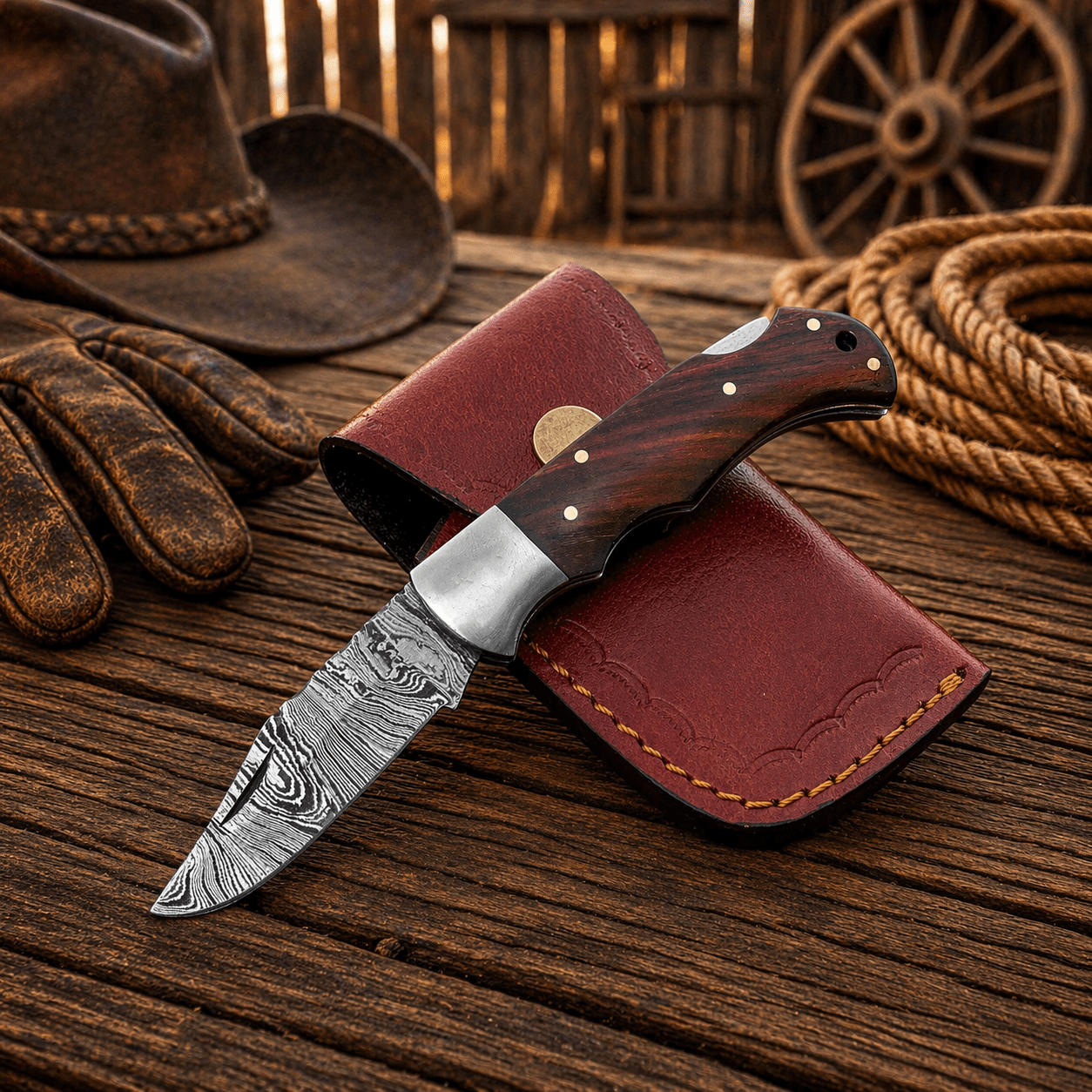 Handmade Damascus Steel Pocket Knife – Rosewood Handle Folding Knife with Leather Sheath | EDC Hunting Camping Gift for Men - SHAM KNIVES Pocket KnifeSHAM KNIVESHandmade Damascus Steel Pocket Knife – Rosewood Handle Folding Knife with Leather Sheath | EDC Hunting Camping Gift for Men