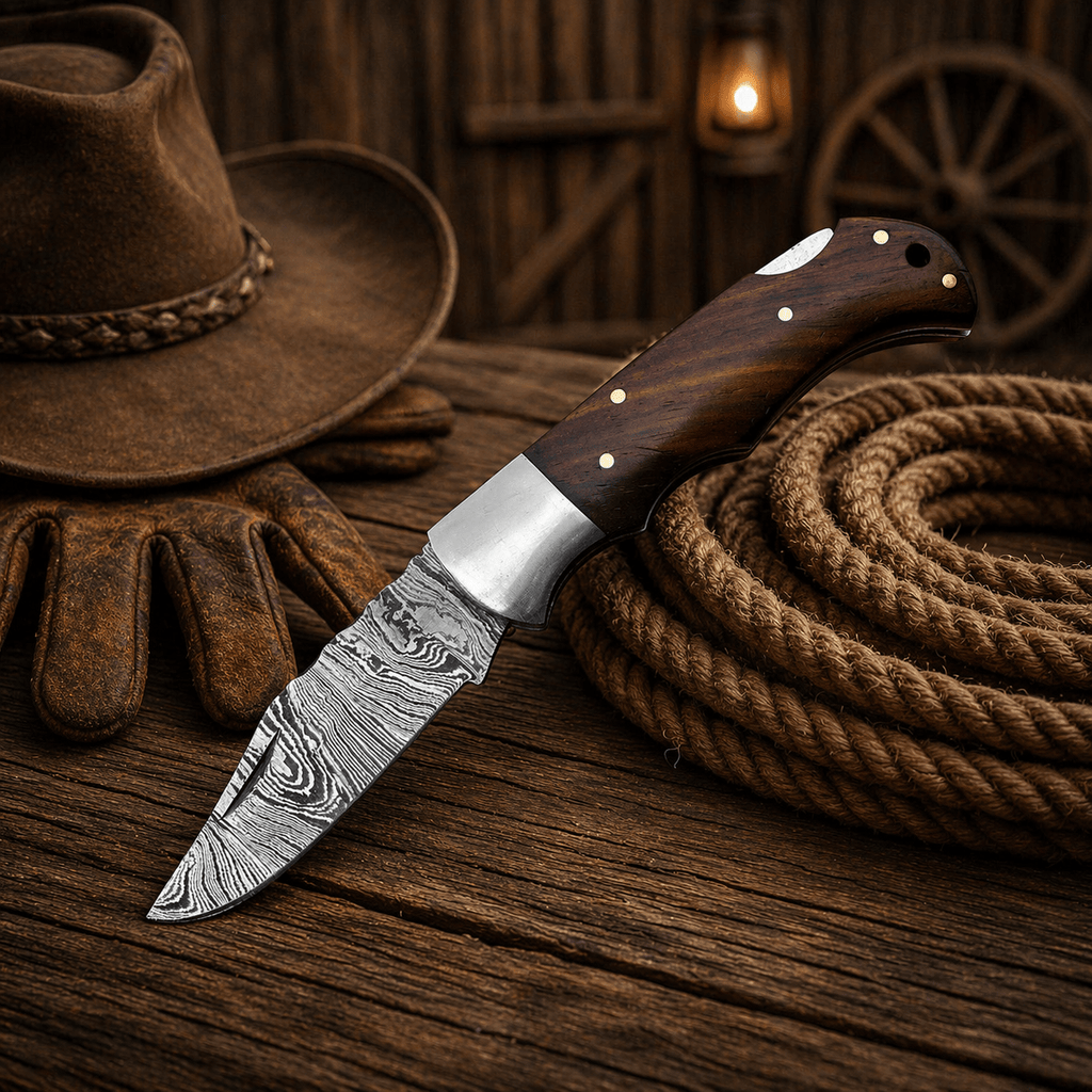 Handmade Damascus Steel Pocket Knife – Rosewood Handle Folding Knife with Leather Sheath | EDC Hunting Camping Gift for Men - SHAM KNIVES Pocket KnifeSHAM KNIVESHandmade Damascus Steel Pocket Knife – Rosewood Handle Folding Knife with Leather Sheath | EDC Hunting Camping Gift for Men