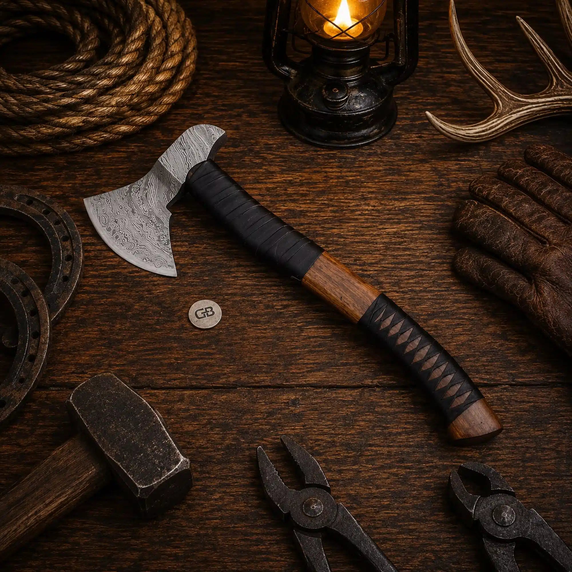 Handmade Damascus tomahawk axe Black Hawk with leather wrapped handle