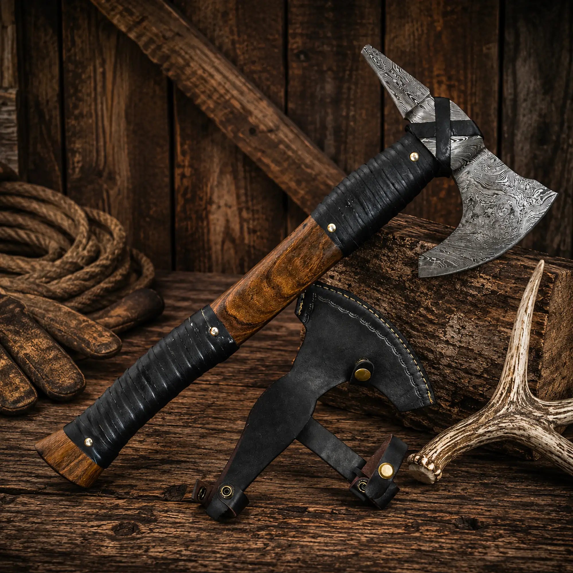 Premium Damascus steel Viking axe with hardwood handle and black leather grip.