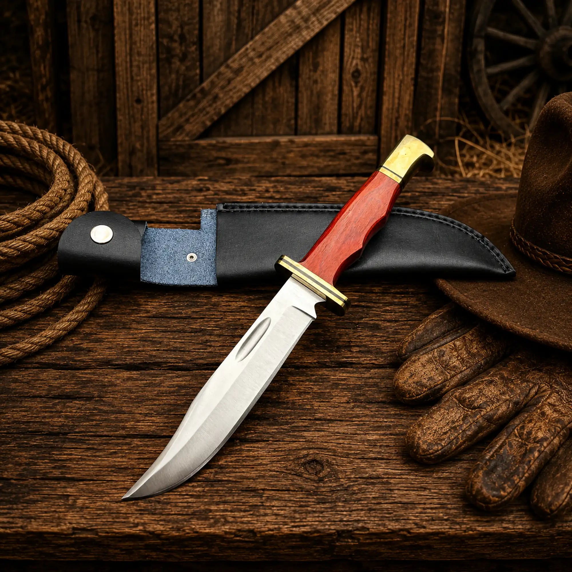 Handmade fixed blade knife with brass guard and leather sheath