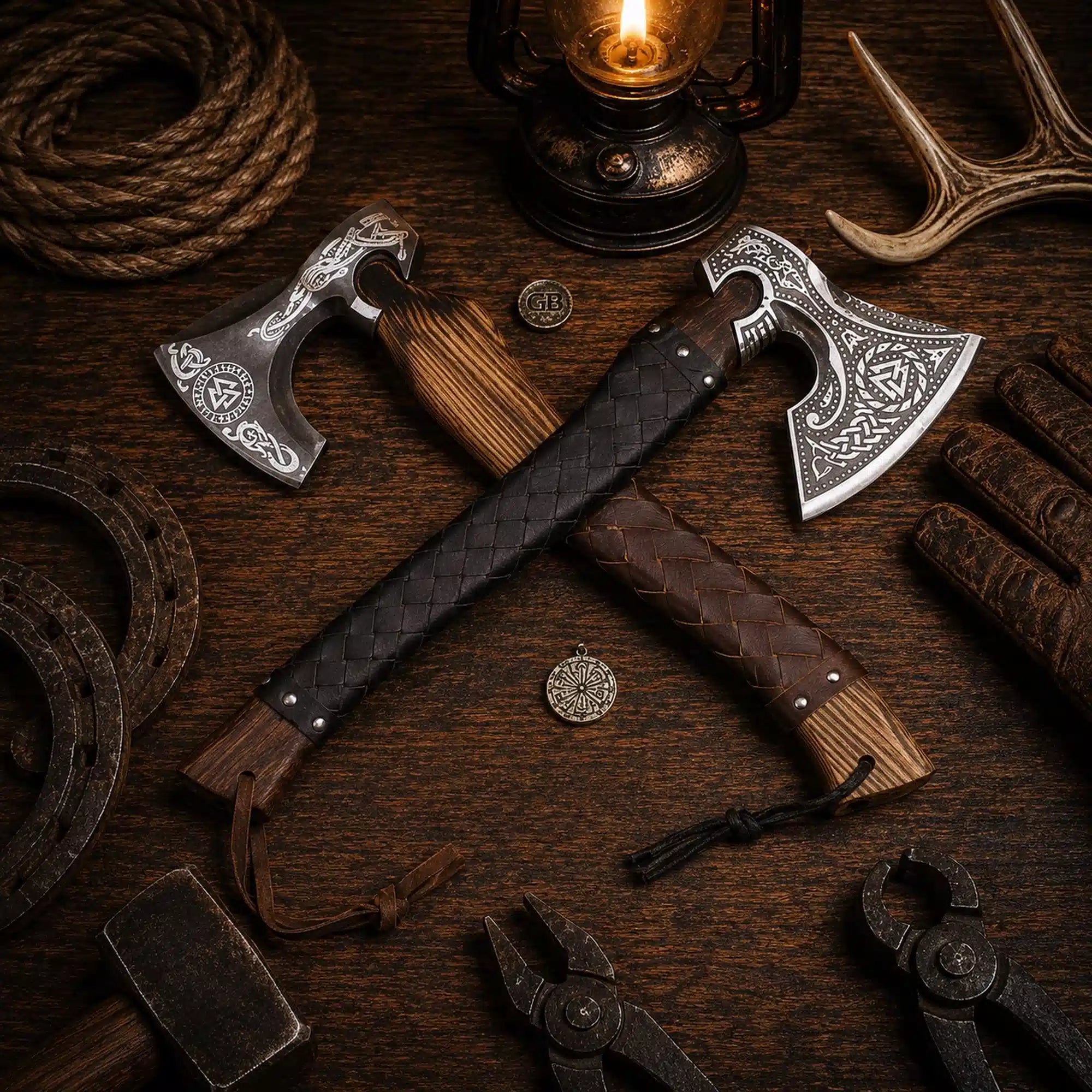 Handmade engraved Viking bearded axe set with wooden handles