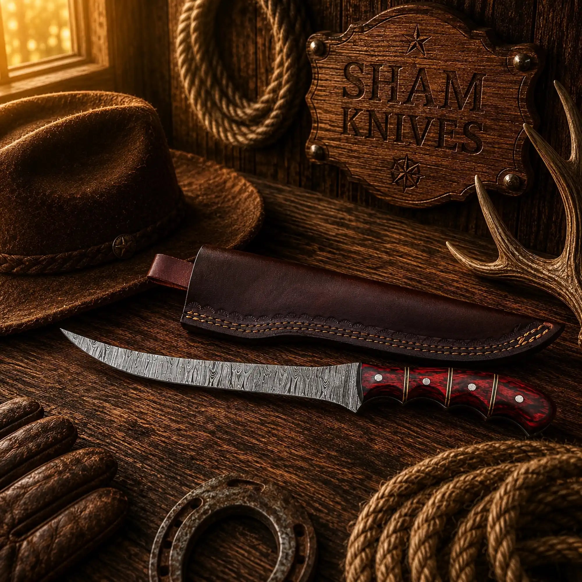 13 inch Damascus fishing knife with finger contoured red wood handle