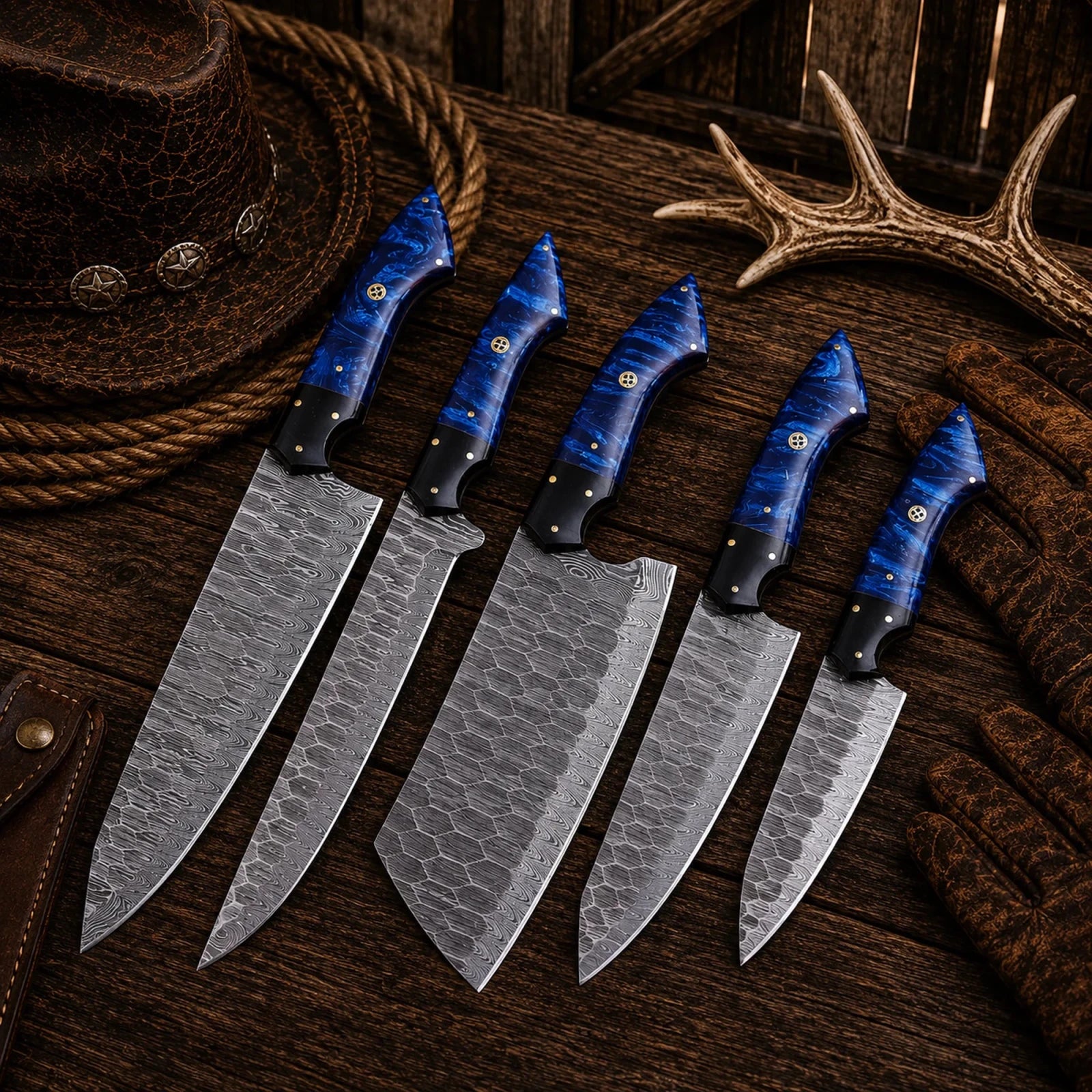 Handmade Forged Damascus Steel Chef Knife Set – Blue Epoxy Resin Handles - SHAM KNIVESkitchen knifesSHAM KNIVESLuxury handmade Damascus knife collection by ShamKnives.