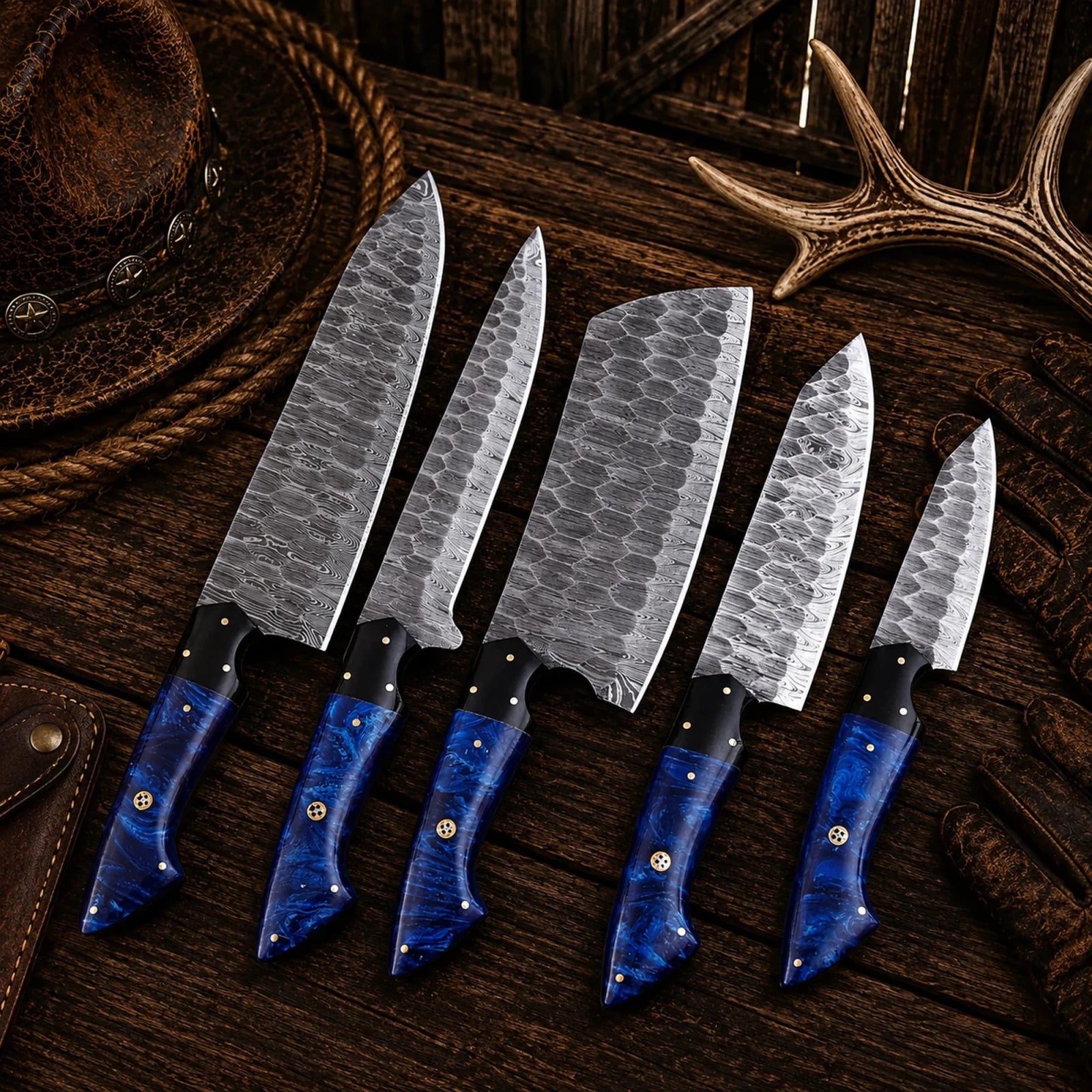 Handmade Forged Damascus Steel Chef Knife Set – Blue Epoxy Resin Handles - SHAM KNIVESkitchen knifesSHAM KNIVESProfessional Damascus chef knife set featuring blue resin handles.