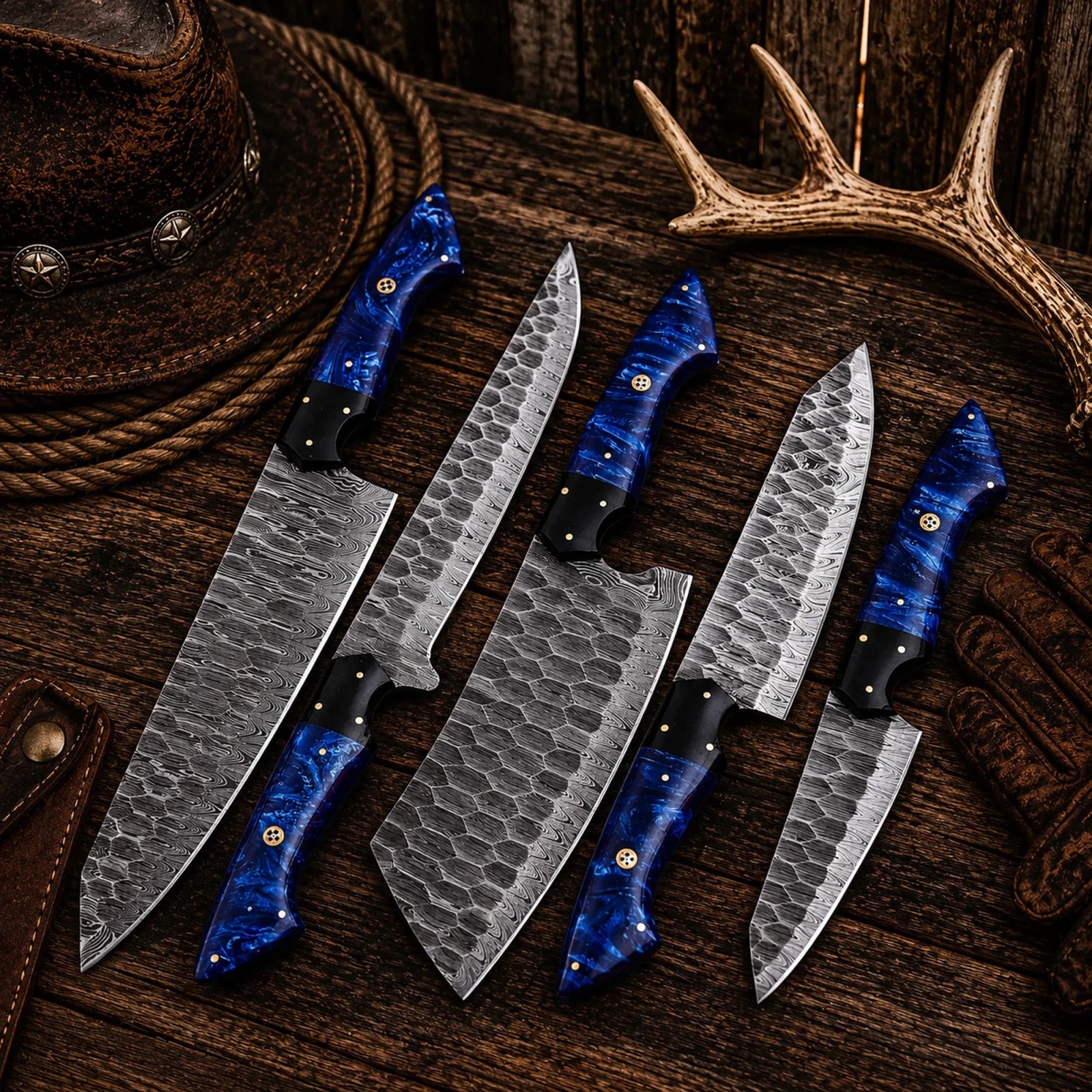 Handmade Forged Damascus Steel Chef Knife Set – Blue Epoxy Resin Handles - SHAM KNIVESkitchen knifesSHAM KNIVESHandmade Forged Damascus Steel Chef Knife Set with blue epoxy resin handles.