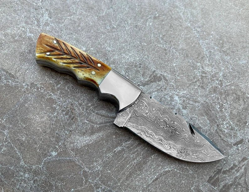 Handmade Hunting Knife, Damascus Steel Fixed Blade Knife Carved Burnt Camel Bone Handle - SHAM KNIVES Hunting KnifesSham knivesHandmade Hunting Knife, Damascus Steel Fixed Blade Knife Carved Burnt Camel Bone Handle