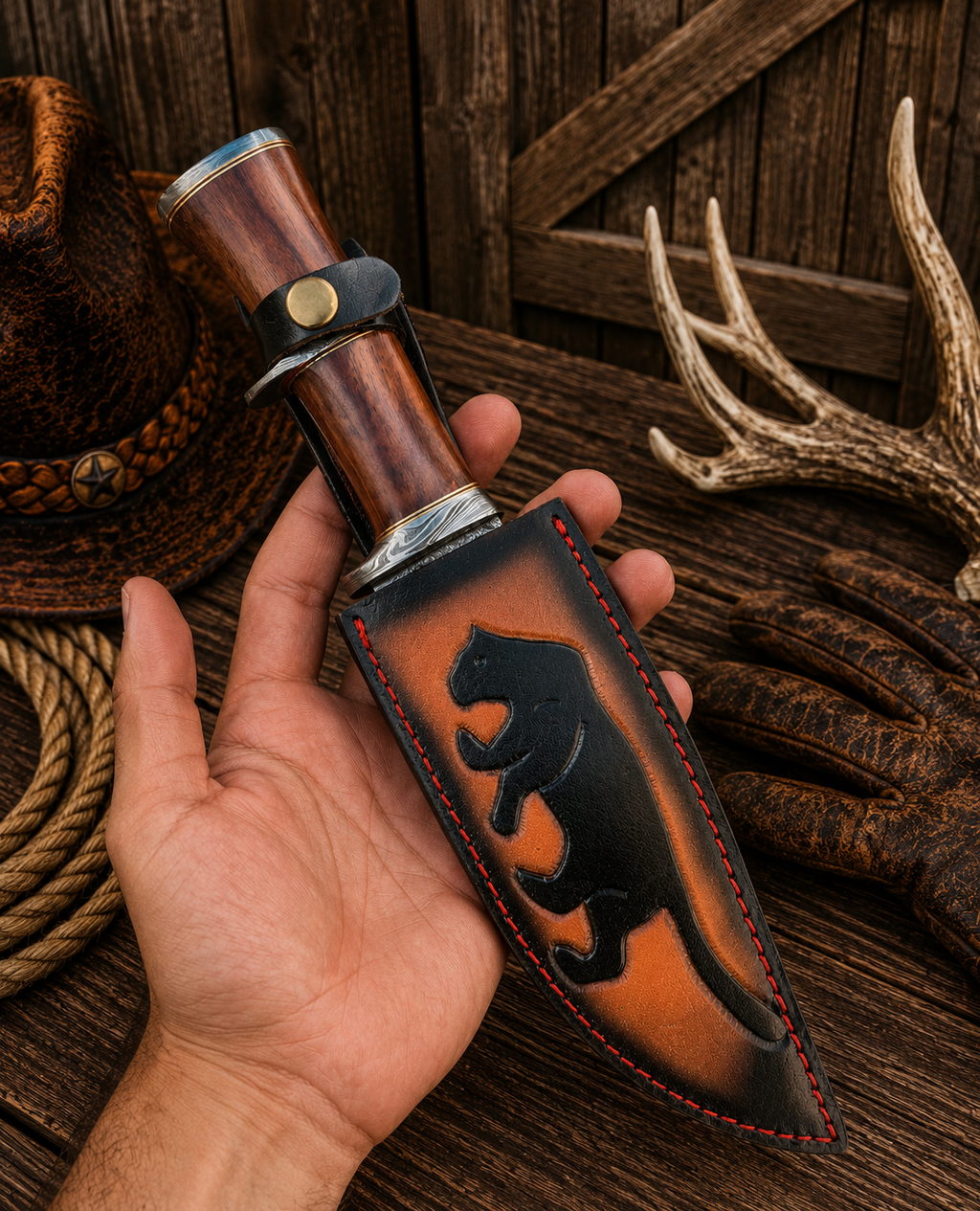 Thirteen-inch Lionheart Bowie displayed with a lion-emblem leather sheath
