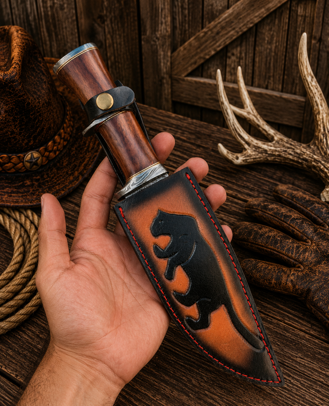 Thirteen-inch Lionheart Bowie displayed with a lion-emblem leather sheath