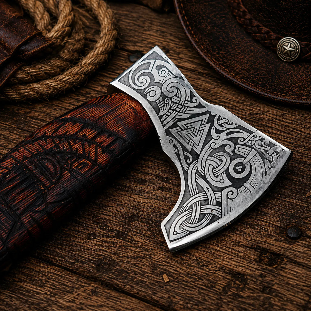 Carbon steel Viking axe handcrafted with engraved axe head close up