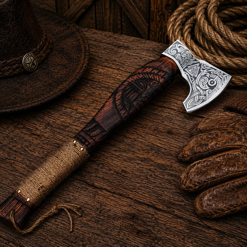 Custom Nordic axe with carved wood handle and leather sheath