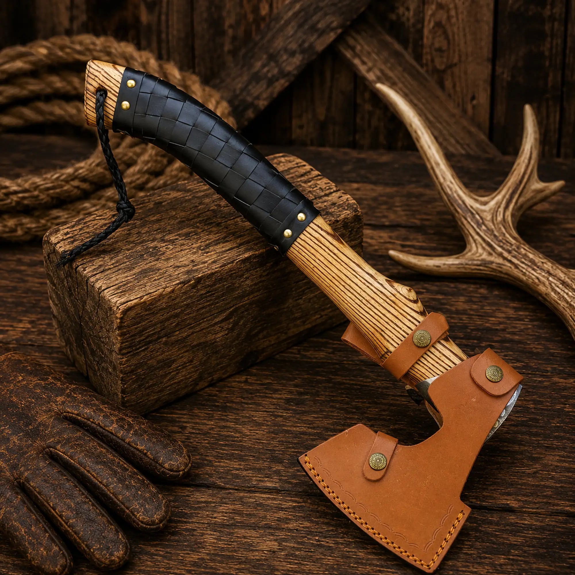 Premium handmade outdoor camping axe with hardwood handle and Viking engraving.