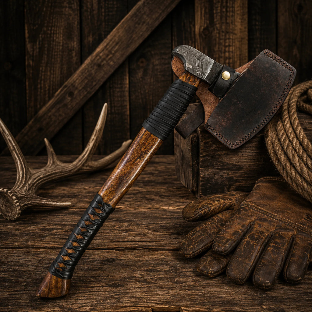Handmade Norse axe featuring a 352-layer Damascus steel blade and genuine leather sheath.