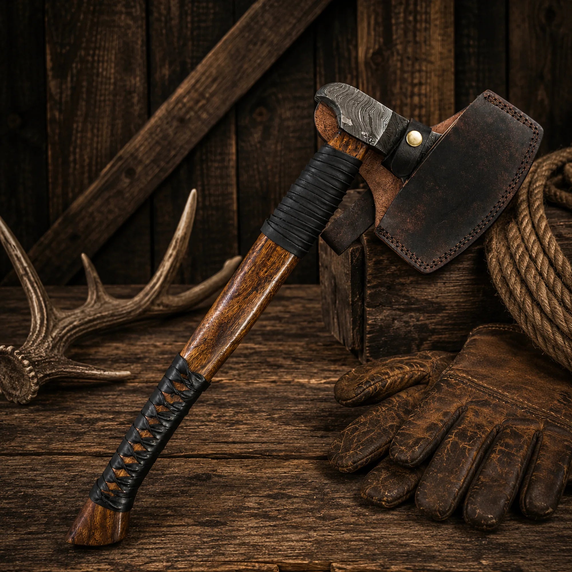 Handmade Norse axe featuring a 352-layer Damascus steel blade and genuine leather sheath.