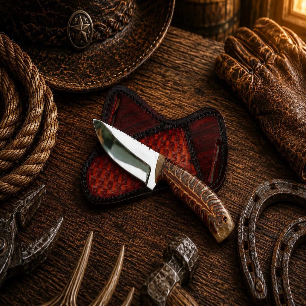 Western ranch knife featuring stabilized pine cone handle and leather sheath