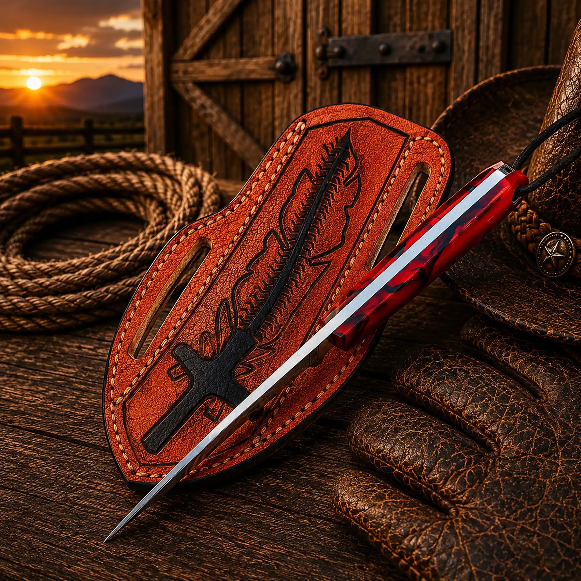 Handmade western utility knife with leather sheath and rasp file blade