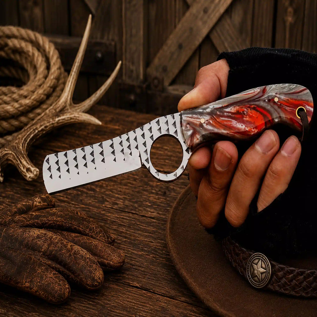 Premium Western Bull Cutter Knife featuring a razor-sharp Rasp Steel blade, red epoxy resin handle, and handcrafted pancake leather sheath.