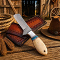 Handmade rasp steel cowboy bull cutter knife with turquoise and camel bone handle and leather sheath western style