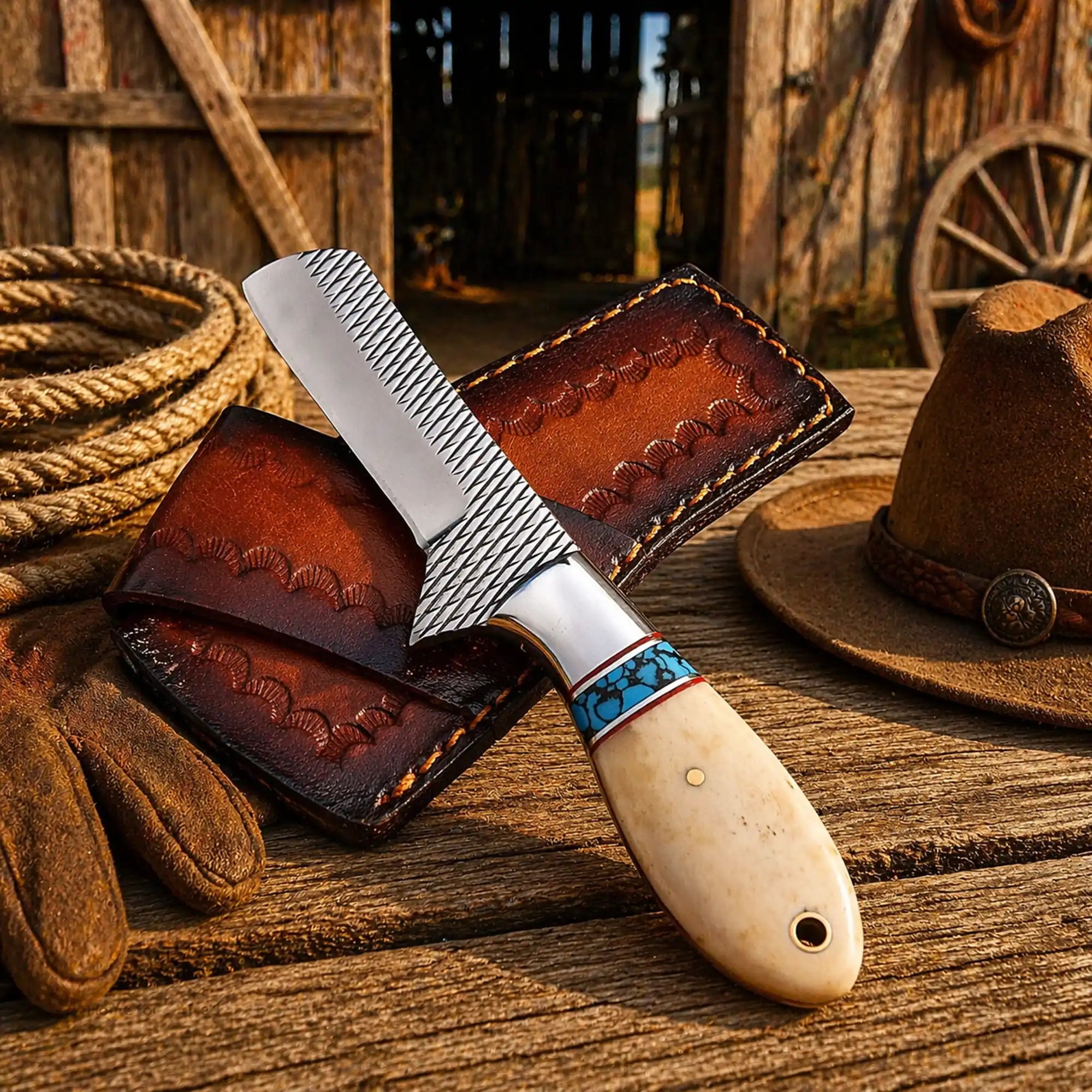 Handmade rasp steel cowboy bull cutter knife with turquoise and camel bone handle and leather sheath western style
