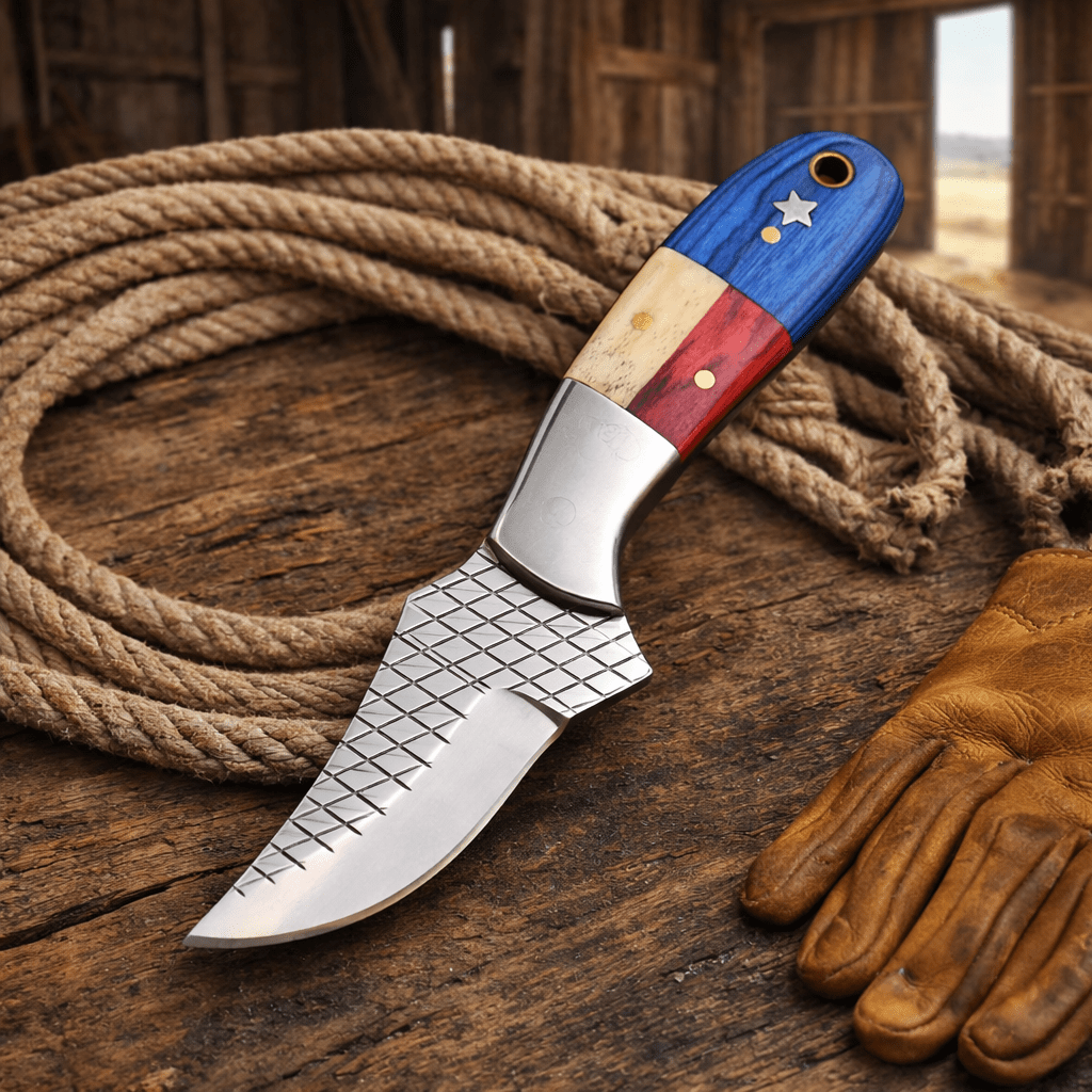 Handmade Rasp Steel Cowboy Knife – Texas Flag Handle, Pancake Leather Sheath - SHAM KNIVES Hunting KnifesSHAM KNIVESHandmade Rasp Steel Cowboy Knife – Texas Flag Handle, Pancake Leather Sheath
