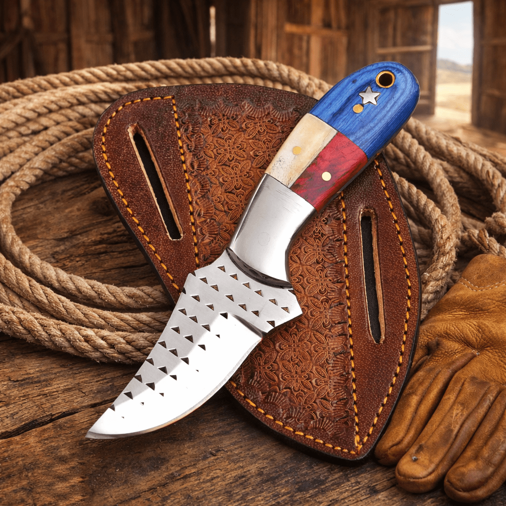 Handmade Rasp Steel Cowboy Knife – Texas Flag Handle, Pancake Leather Sheath - SHAM KNIVES Hunting KnifesSHAM KNIVESHandmade Rasp Steel Cowboy Knife – Texas Flag Handle, Pancake Leather Sheath