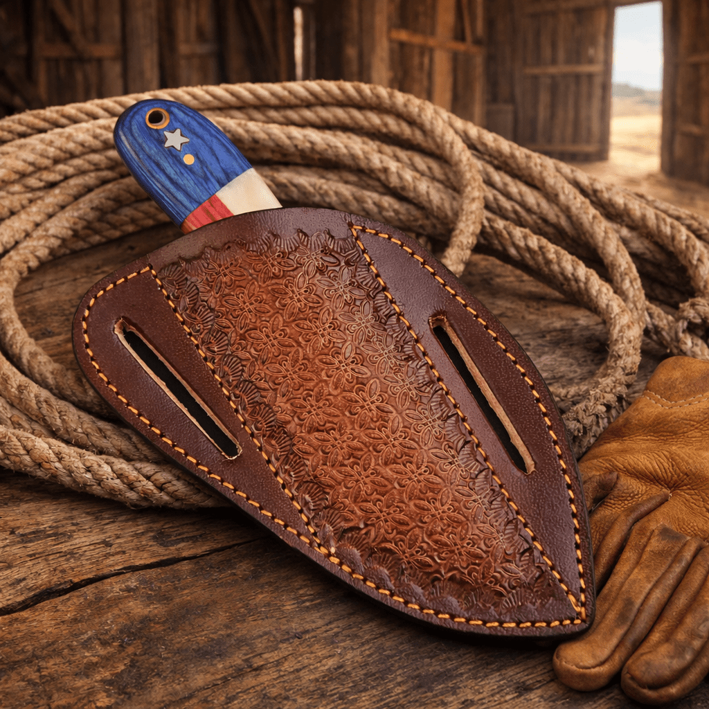 Handmade Rasp Steel Cowboy Knife – Texas Flag Handle, Pancake Leather Sheath - SHAM KNIVES Hunting KnifesSHAM KNIVESHandmade Rasp Steel Cowboy Knife – Texas Flag Handle, Pancake Leather Sheath