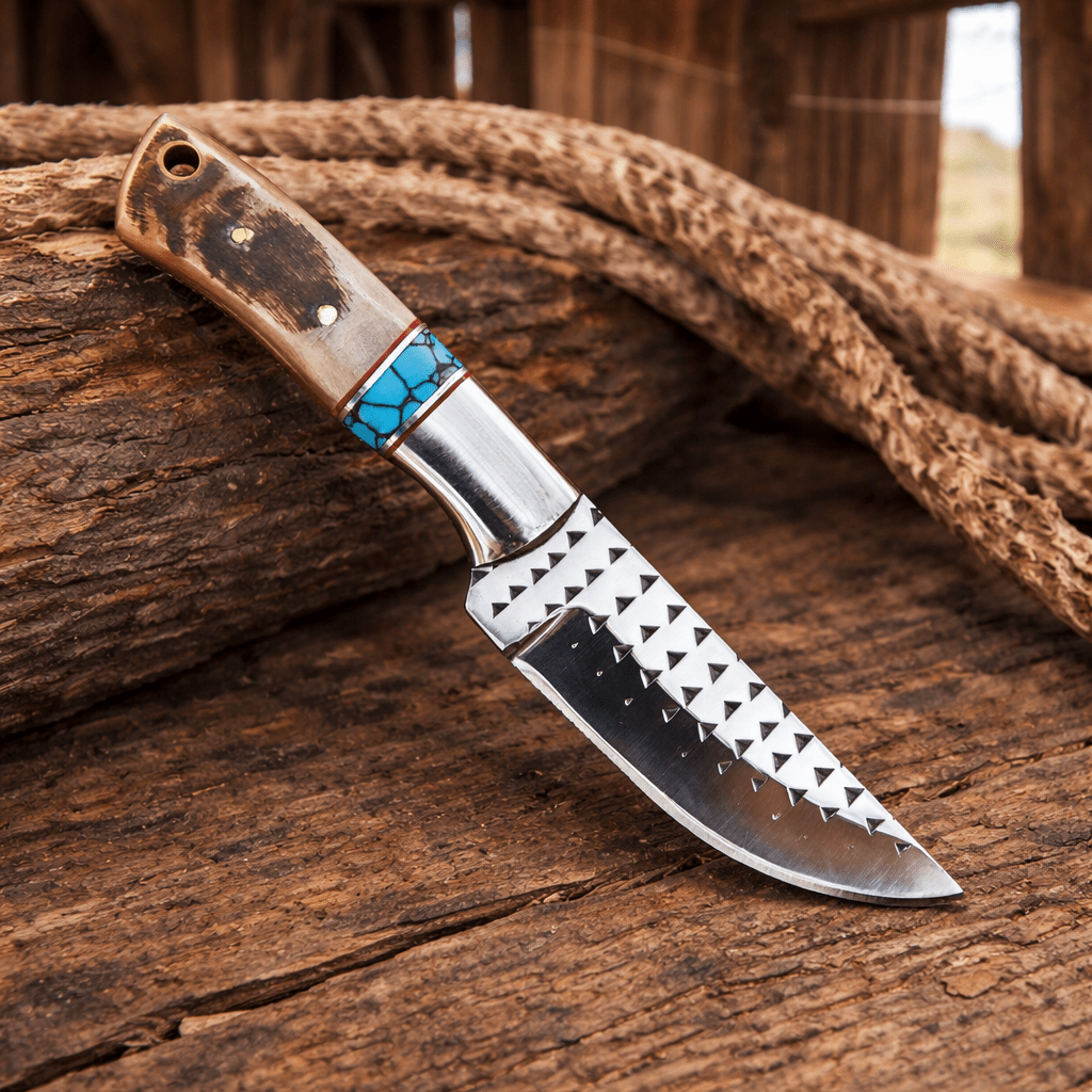 Handmade Rasp Steel Cowboy Skinning Knife – Ram Horn & Turquoise Handle with Leather Belt Sheath - SHAM KNIVES Skinning KnifeSHAM KNIVESHandmade Rasp Steel Cowboy Skinning Knife – Ram Horn & Turquoise Handle with Leather Belt Sheath