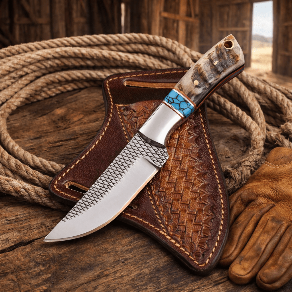 Handmade Rasp Steel Cowboy Skinning Knife – Ram Horn & Turquoise Handle with Leather Belt Sheath - SHAM KNIVES Skinning KnifeSHAM KNIVESHandmade Rasp Steel Cowboy Skinning Knife – Ram Horn & Turquoise Handle with Leather Belt Sheath