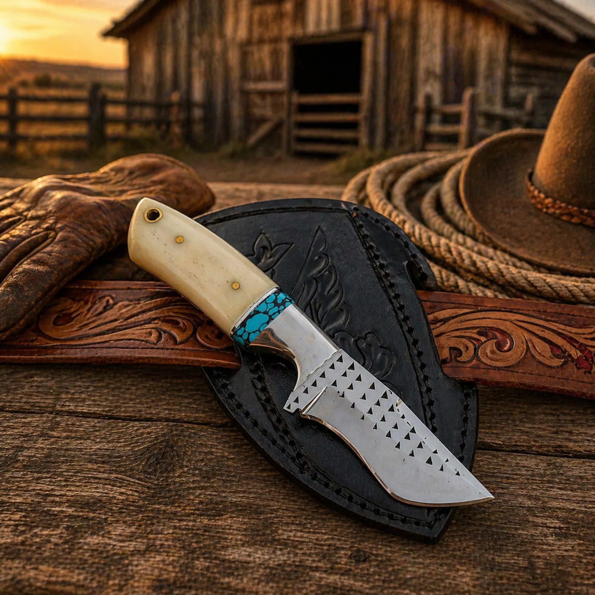 Cowboy belt knife with bone handle and turquoise accent