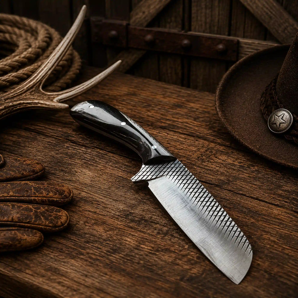 Premium Western Rodeo Carry Knife featuring a razor-sharp Rasp File Steel blade, polished buffalo horn handle, and handcrafted leather pancake sheath.