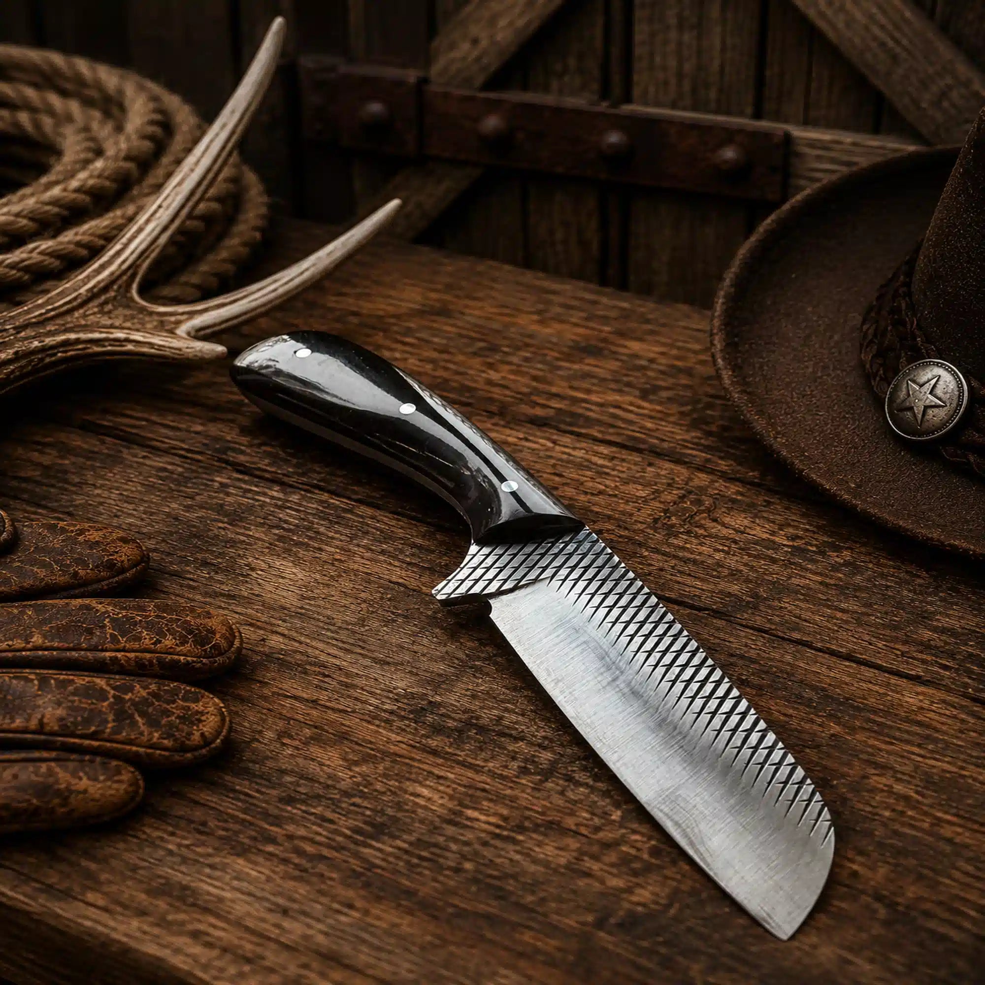 Premium Western Rodeo Carry Knife featuring a razor-sharp Rasp File Steel blade, polished buffalo horn handle, and handcrafted leather pancake sheath.