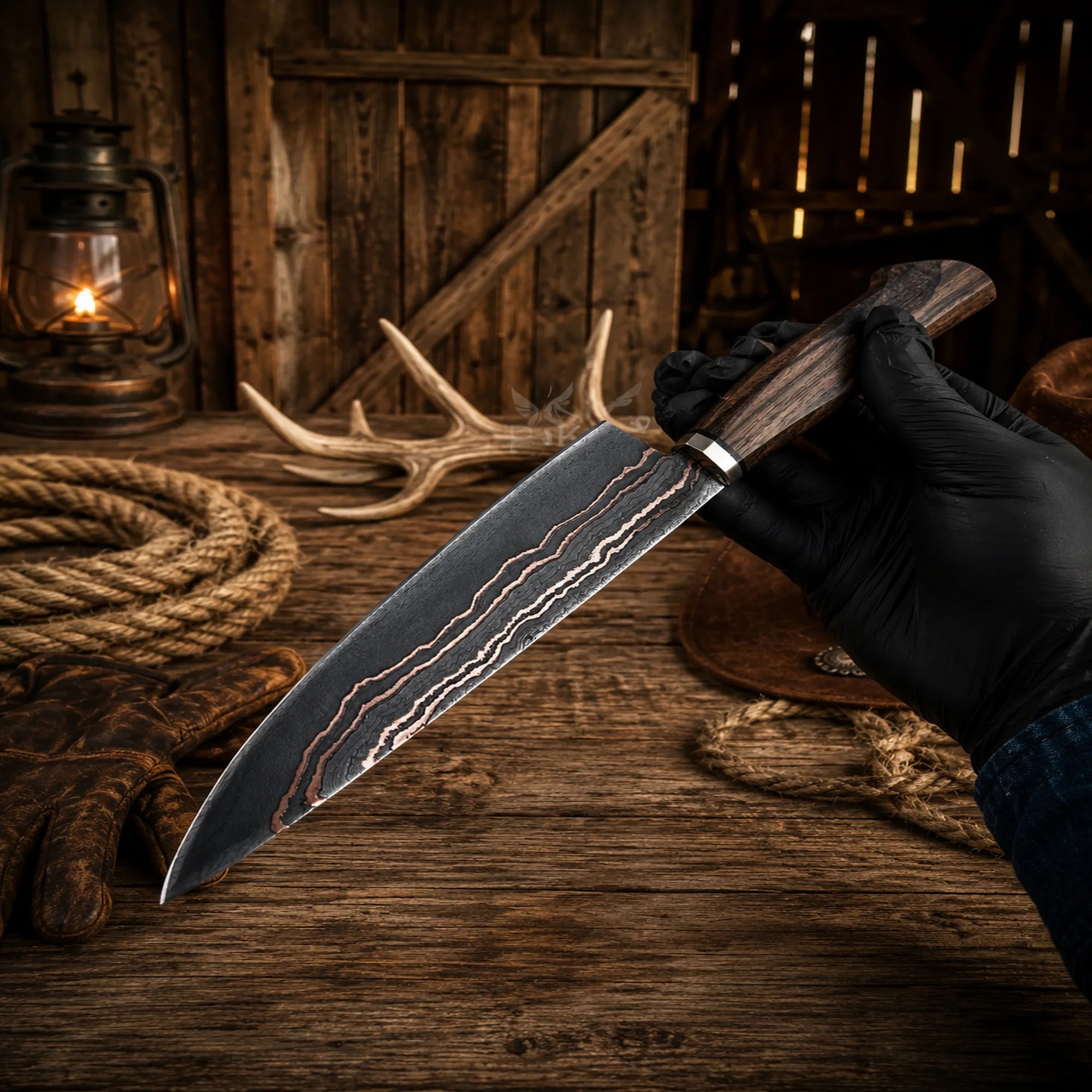 Premium Santoku chef knife with walnut wood handle.