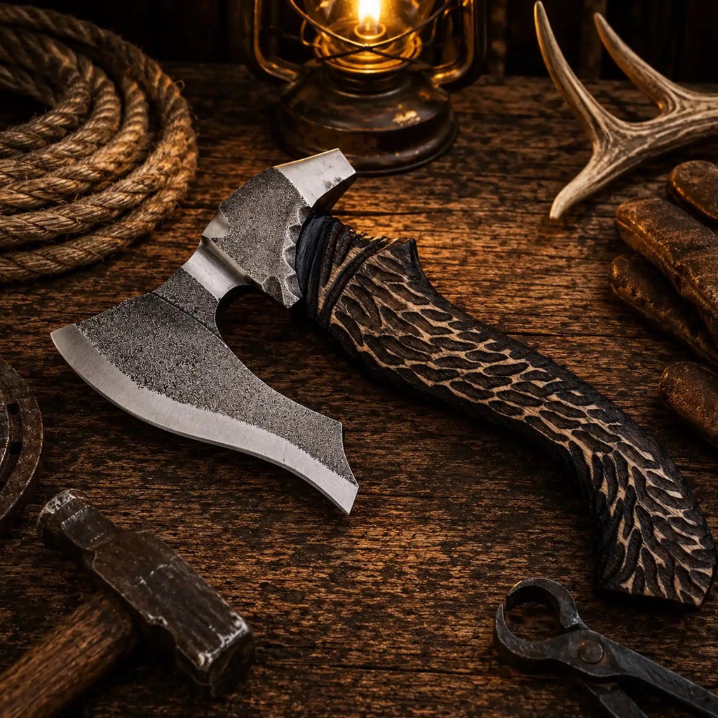 Compact forged tomahawk axe with torch-finished ashwood handle