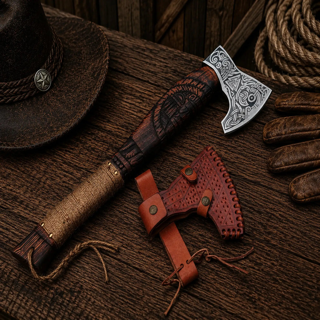 Handmade Viking axe with carbon steel blade and leather sheath