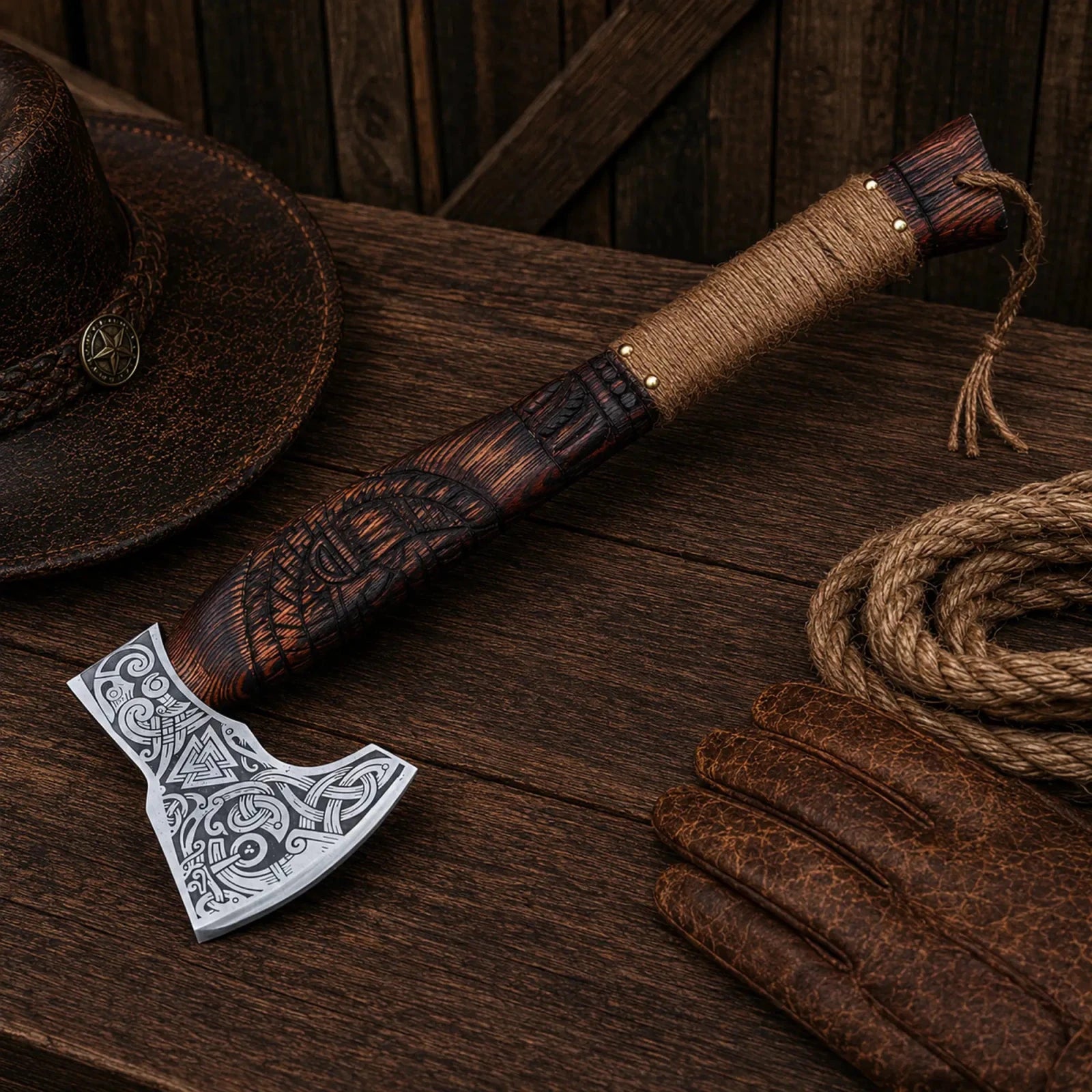 Handmade Viking Axe Carbon Steel Nordic Axe with Leather Sheath - SHAM KNIVESCamping AxeSHAM KNIVESViking camping axe with engraved blade