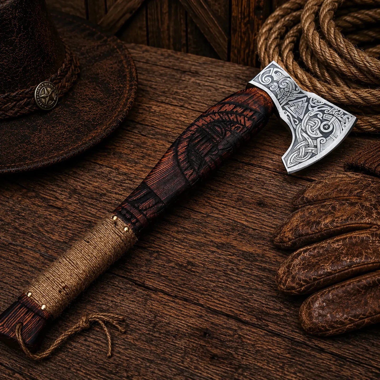 Handmade Viking Axe Carbon Steel Nordic Axe with Leather Sheath - SHAM KNIVESCamping AxeSHAM KNIVESCustom Nordic axe with carved wood handle and leather sheath