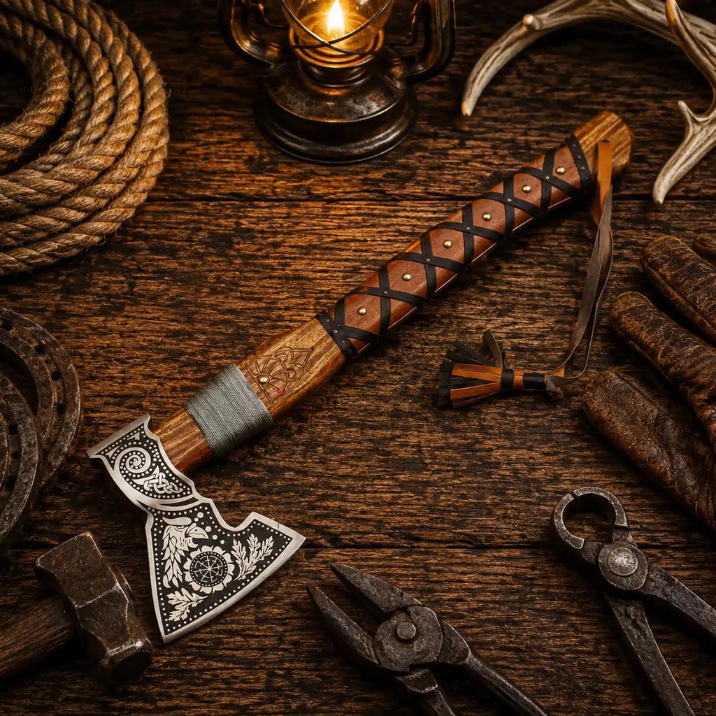 Carbon steel Norse axe with 6 inch head and field leather sheath