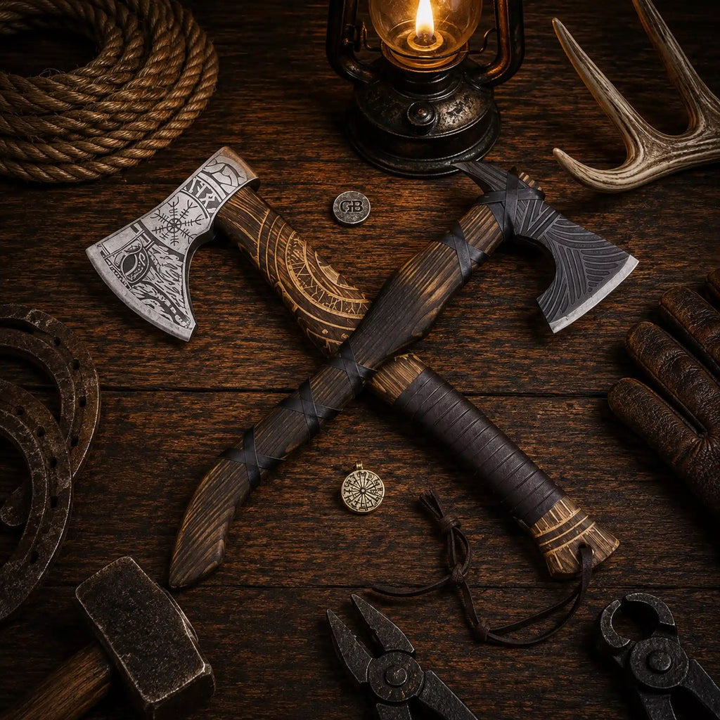 Handmade Viking axe pair with engraved heads and wooden handles
