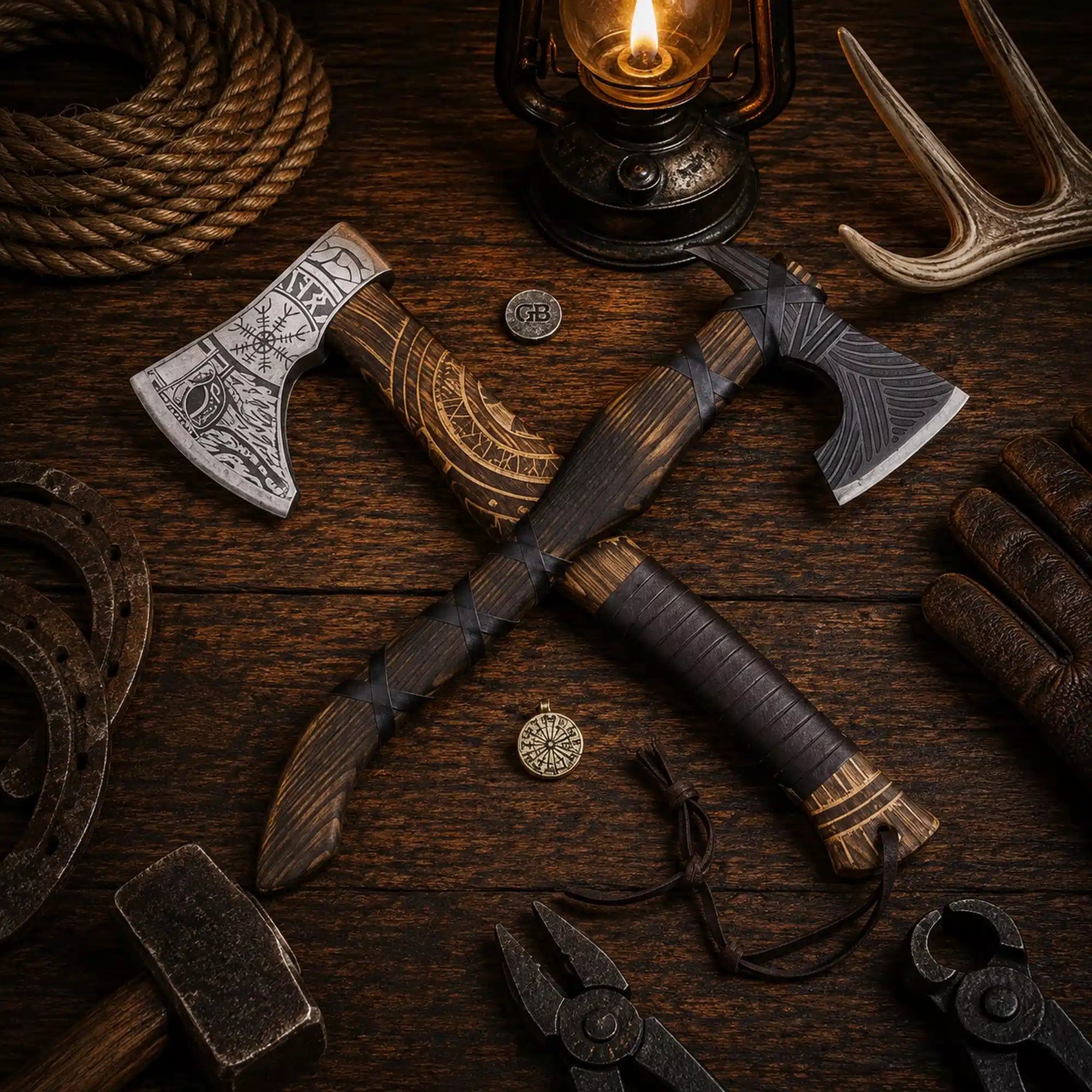 Handmade Viking axe pair with engraved heads and wooden handles