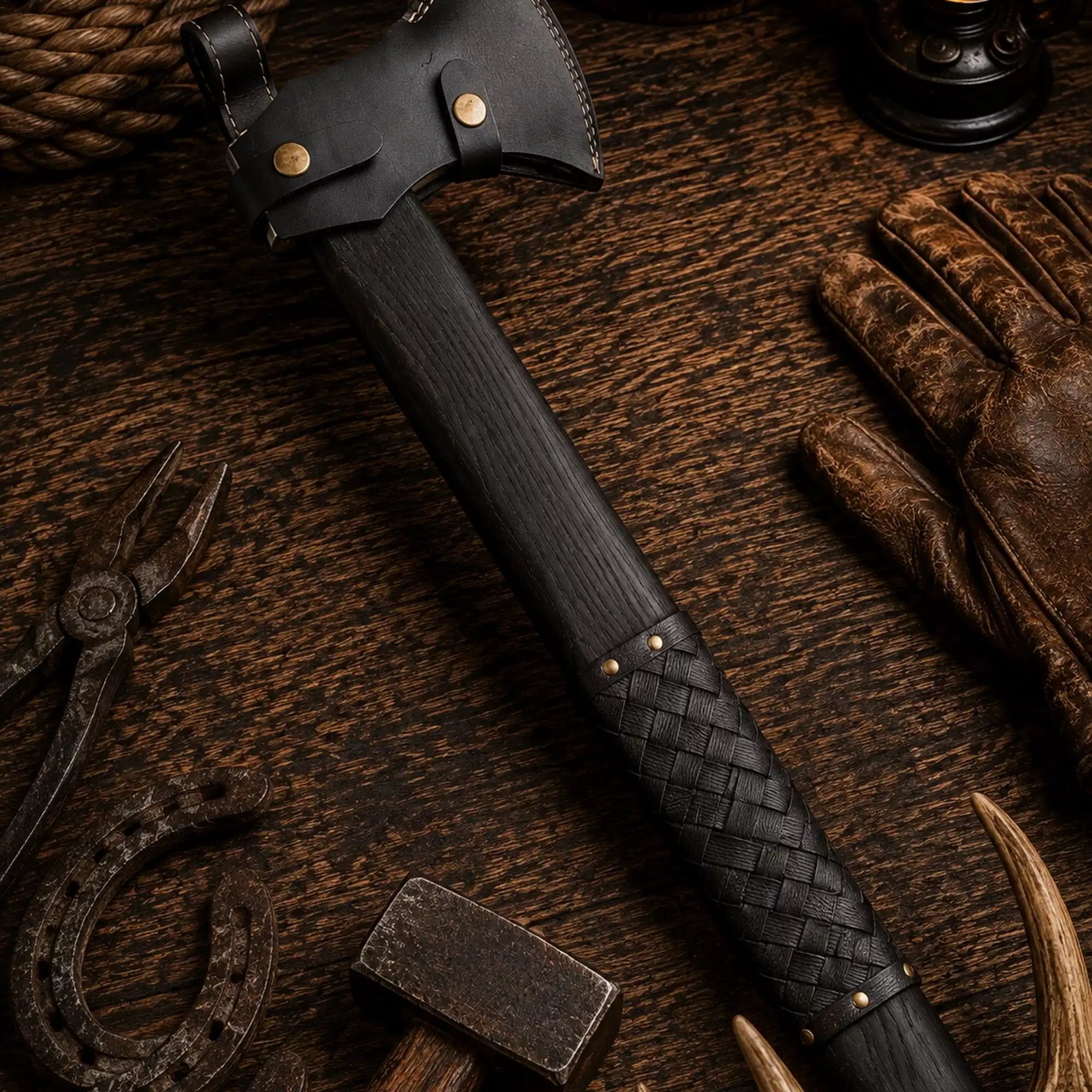 Handmade Norse axe with black hardwood and leather wrapped handle